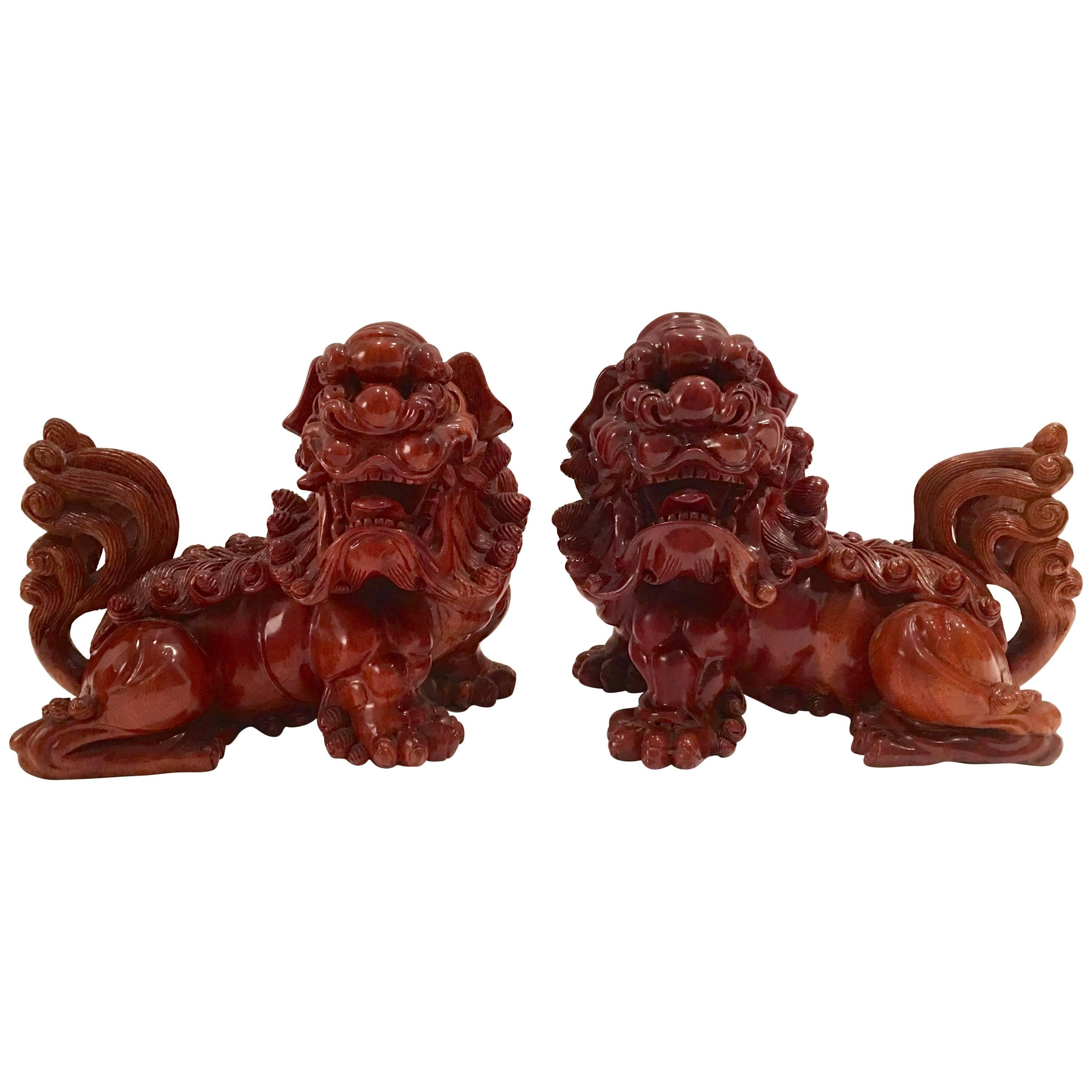 19th Century Chinese Carved Wood Foo Dog Pair