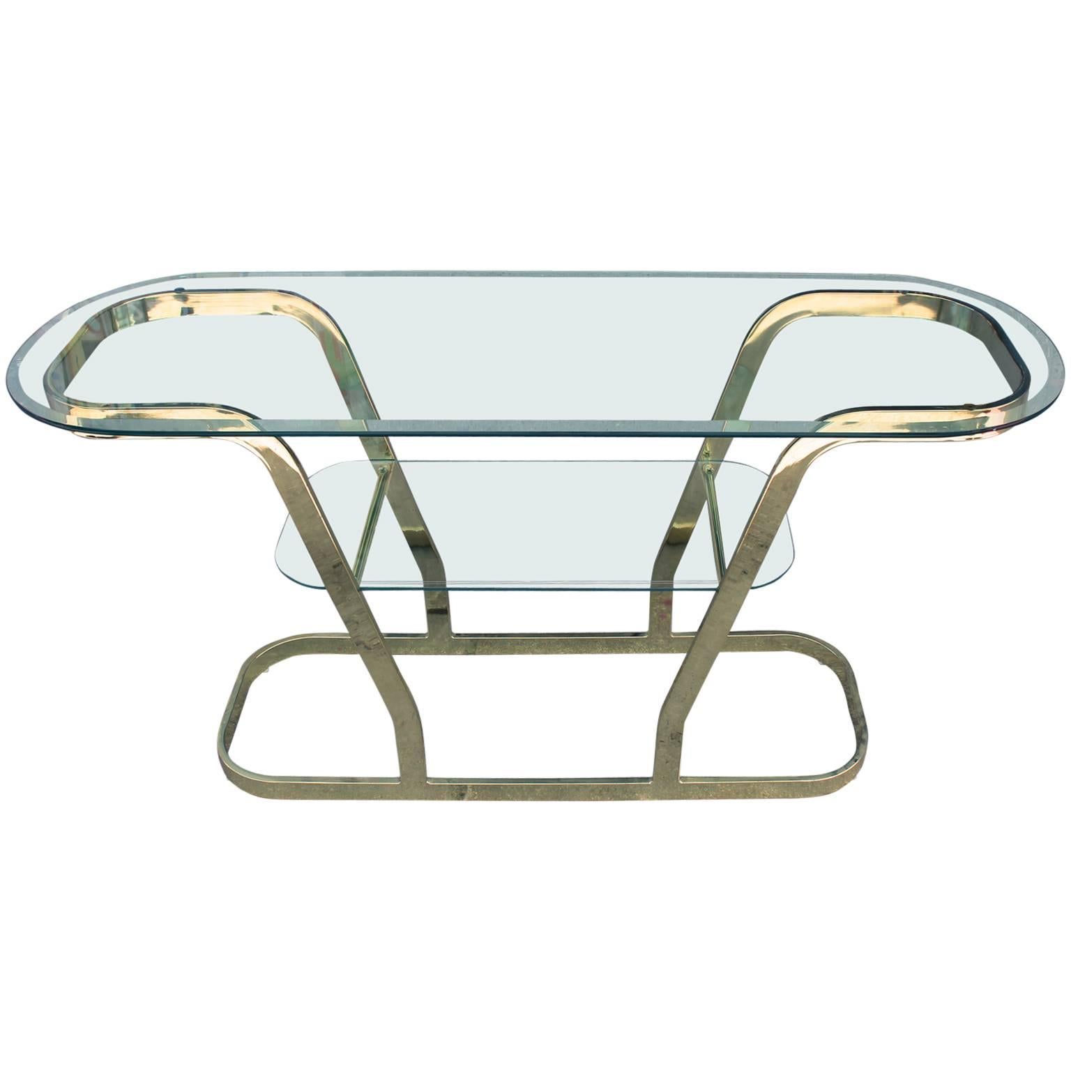Glamorous Brass and Glass Two Tiered Oval Modern Console or Entry Table
