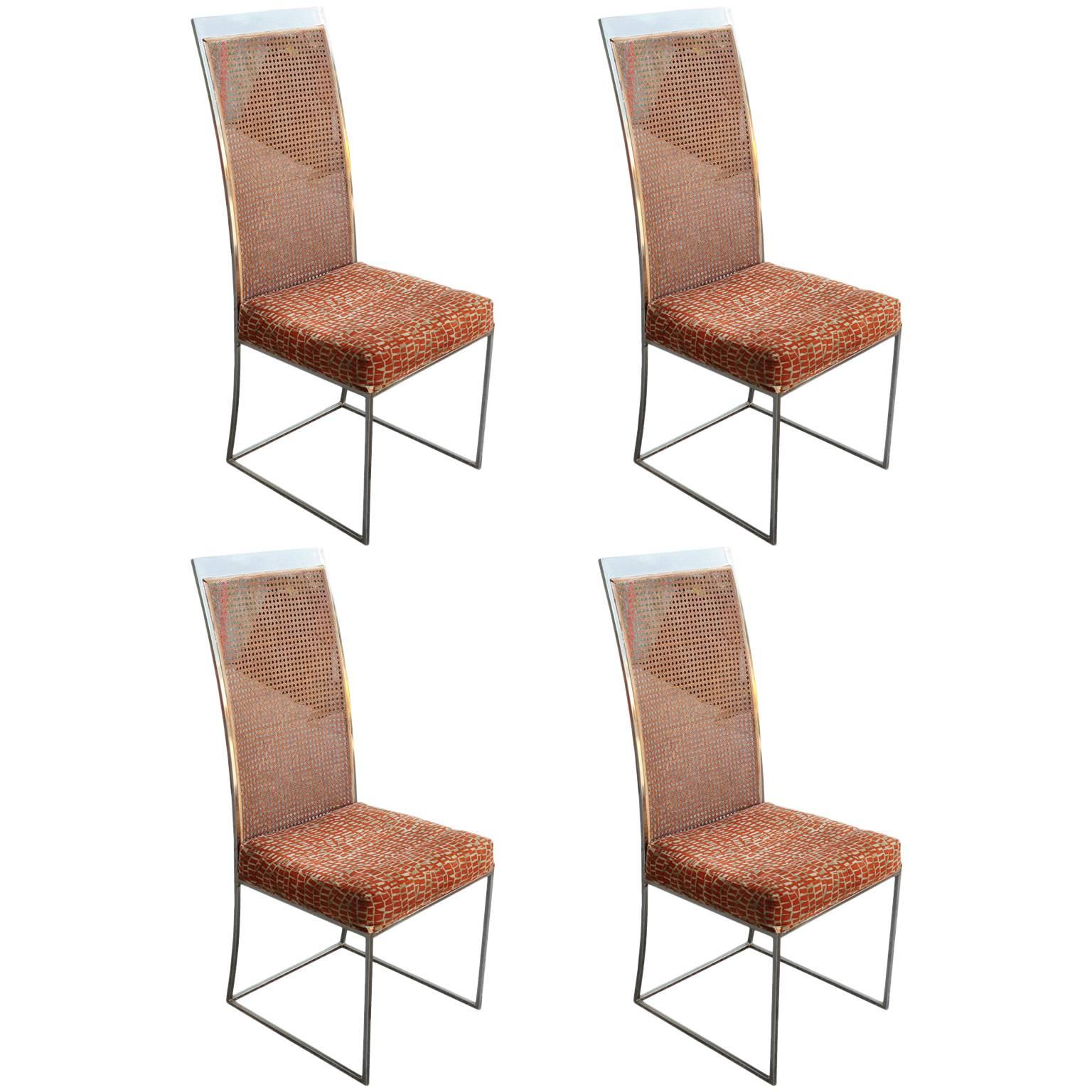 Set of Four Milo Baughman Chrome and Cane Modern Dining Chairs with Chenille