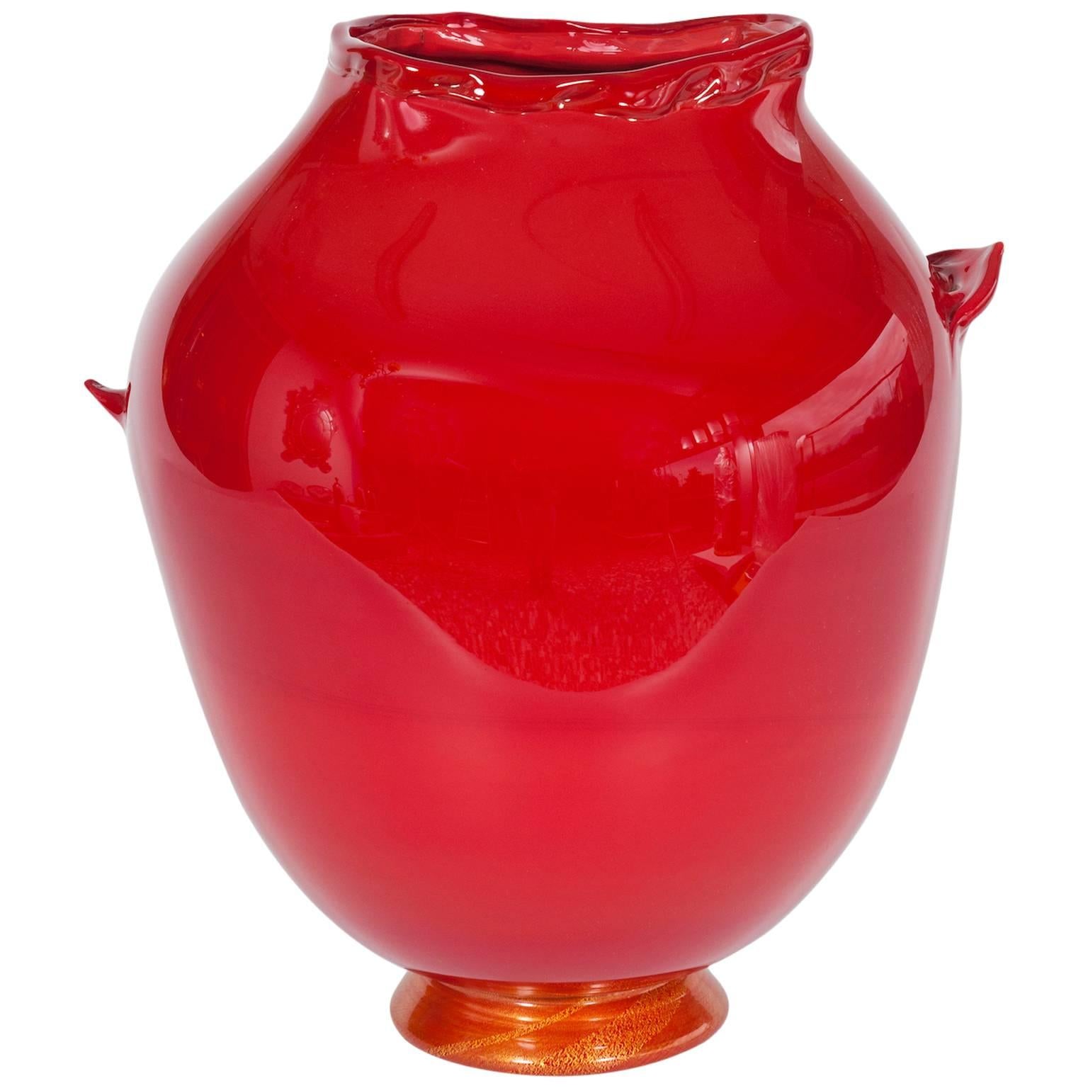 Handcrafted Vase in Blown Murano Glass Red & Gold finishes 1980s Italy For Sale
