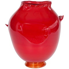 Handcrafted Vase in Blown Murano Glass Red & Gold finishes 1980s Italy