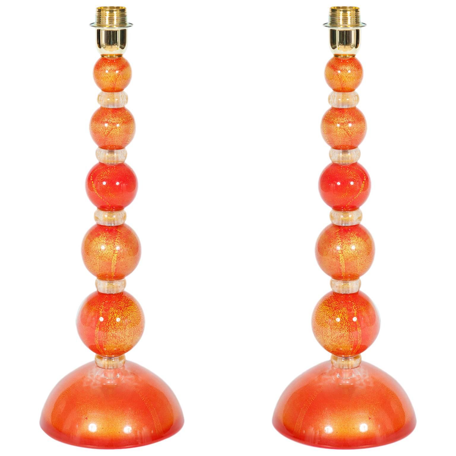 Pair of Italian Venetian Murano Glass Table Lamps in Gold and Orange