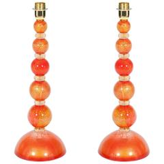 Pair of Italian Venetian Murano Glass Table Lamps in Gold and Orange
