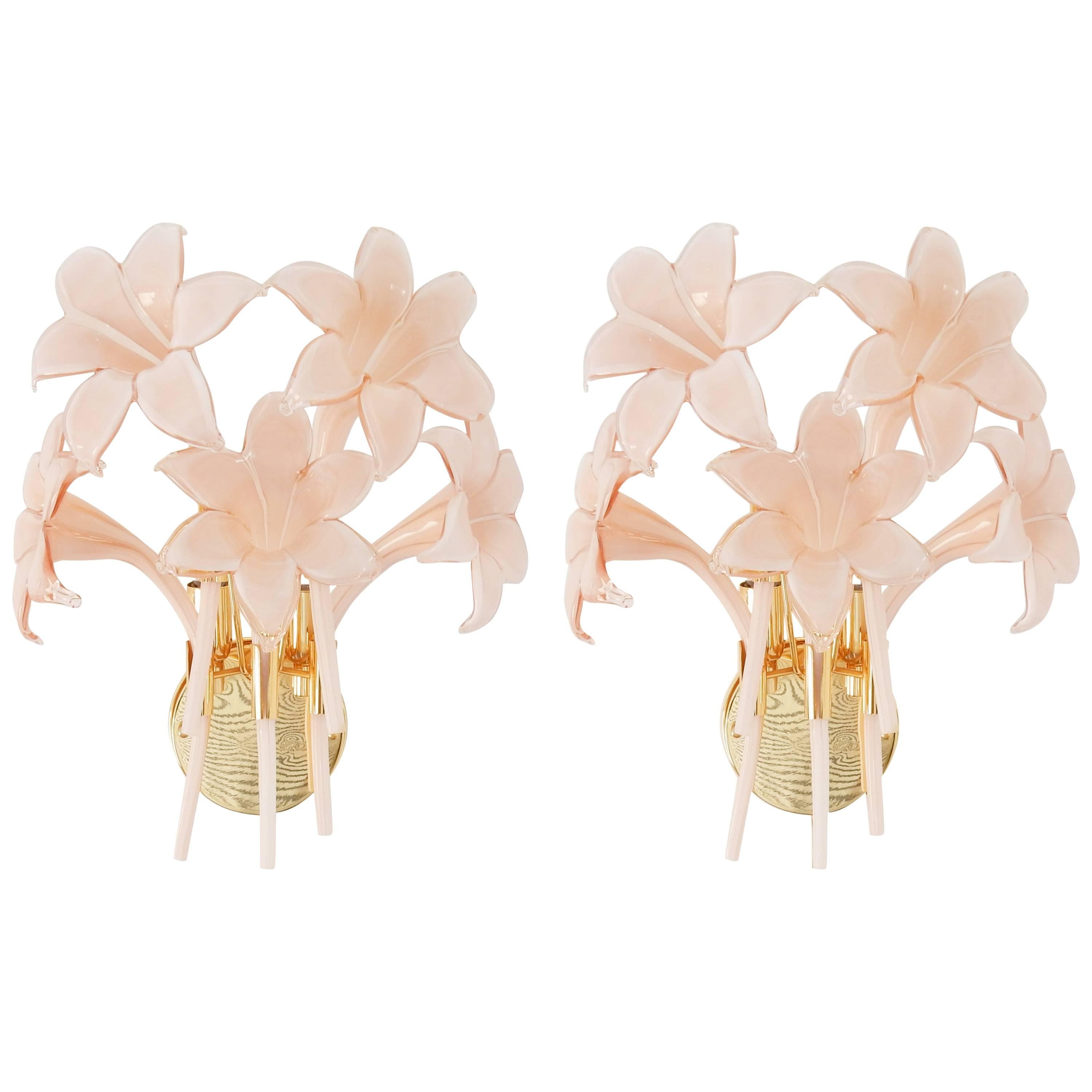 Set of Two Murano Glass Flower Wall Sconces by Franco Luce (Attr.), Italy, 1970s