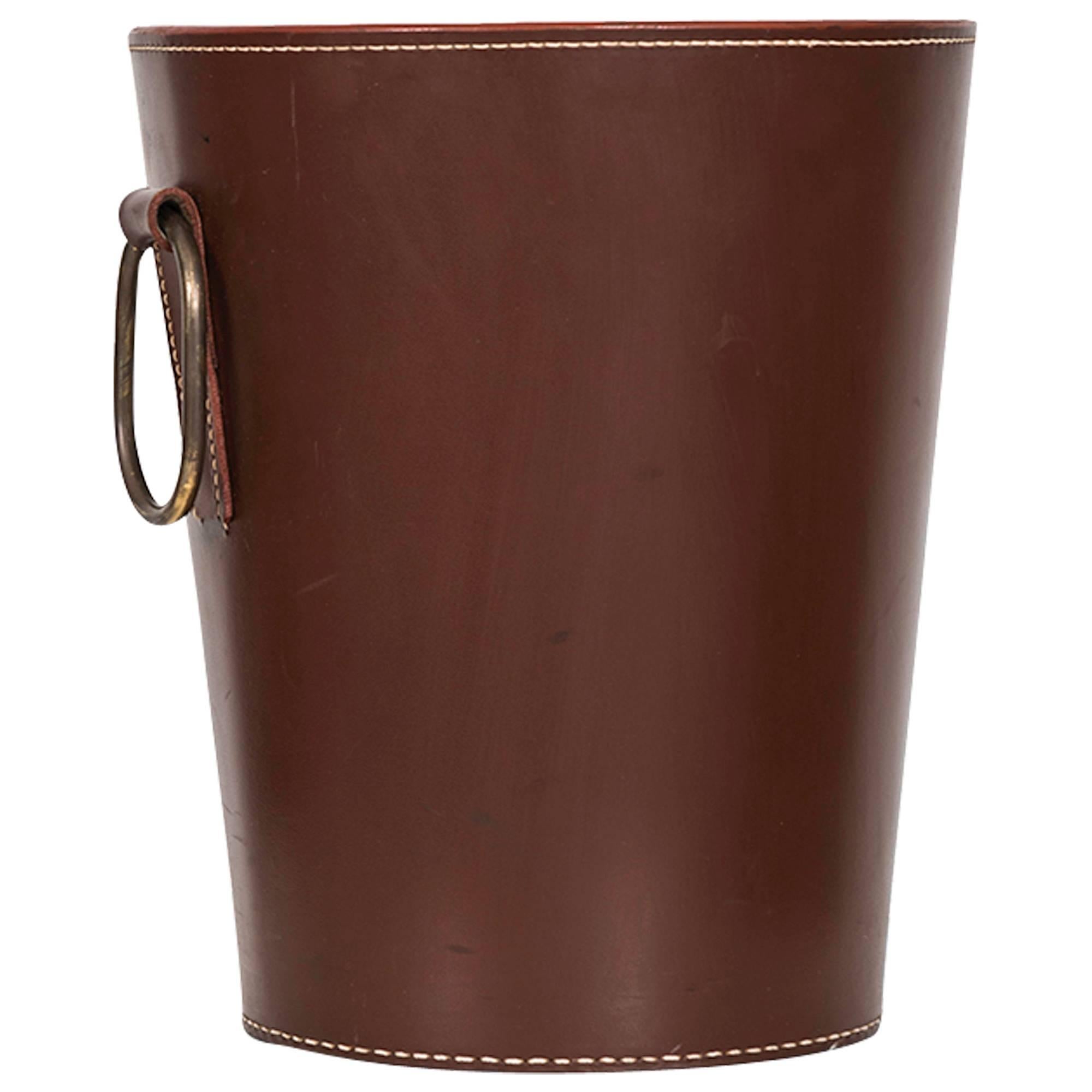 Carl Auböck Waste Paper Bin in Brown Leather and Brass