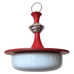 1950s Ceiling Lamp in Red and White, Metal and Glass