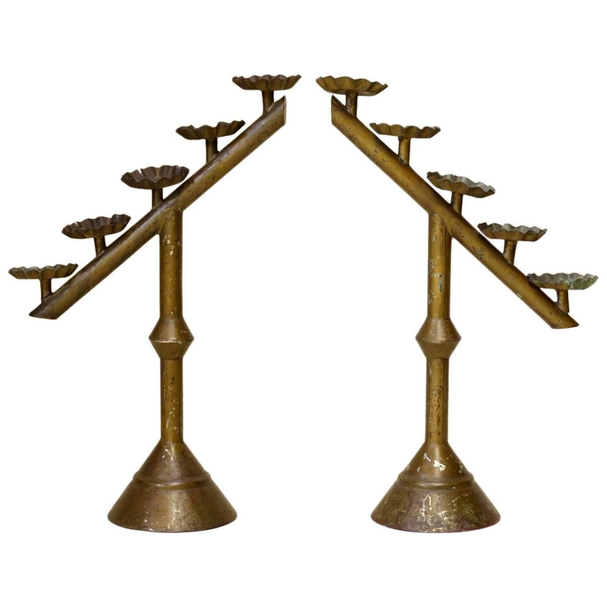 Pair of Tole Peinte Candleholders, France, circa 1920s For Sale
