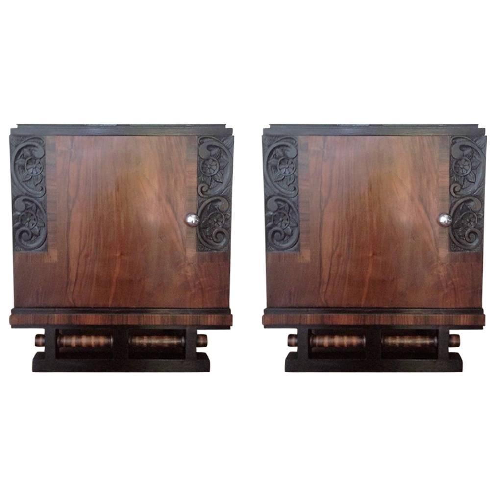Pair of Art Deco Side Cabinets/Nightstands with Ebonized Base