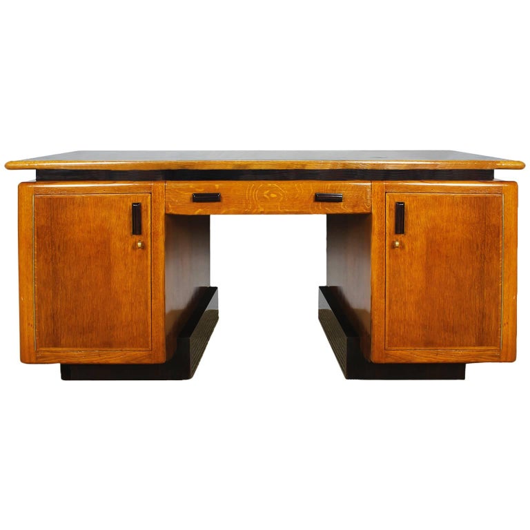 1920s Amsterdam School Desk Oakwood Macassar Ebony Leather