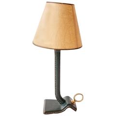 Jacques Adnet 1950s Green Stitched Leather Table Lamp 4