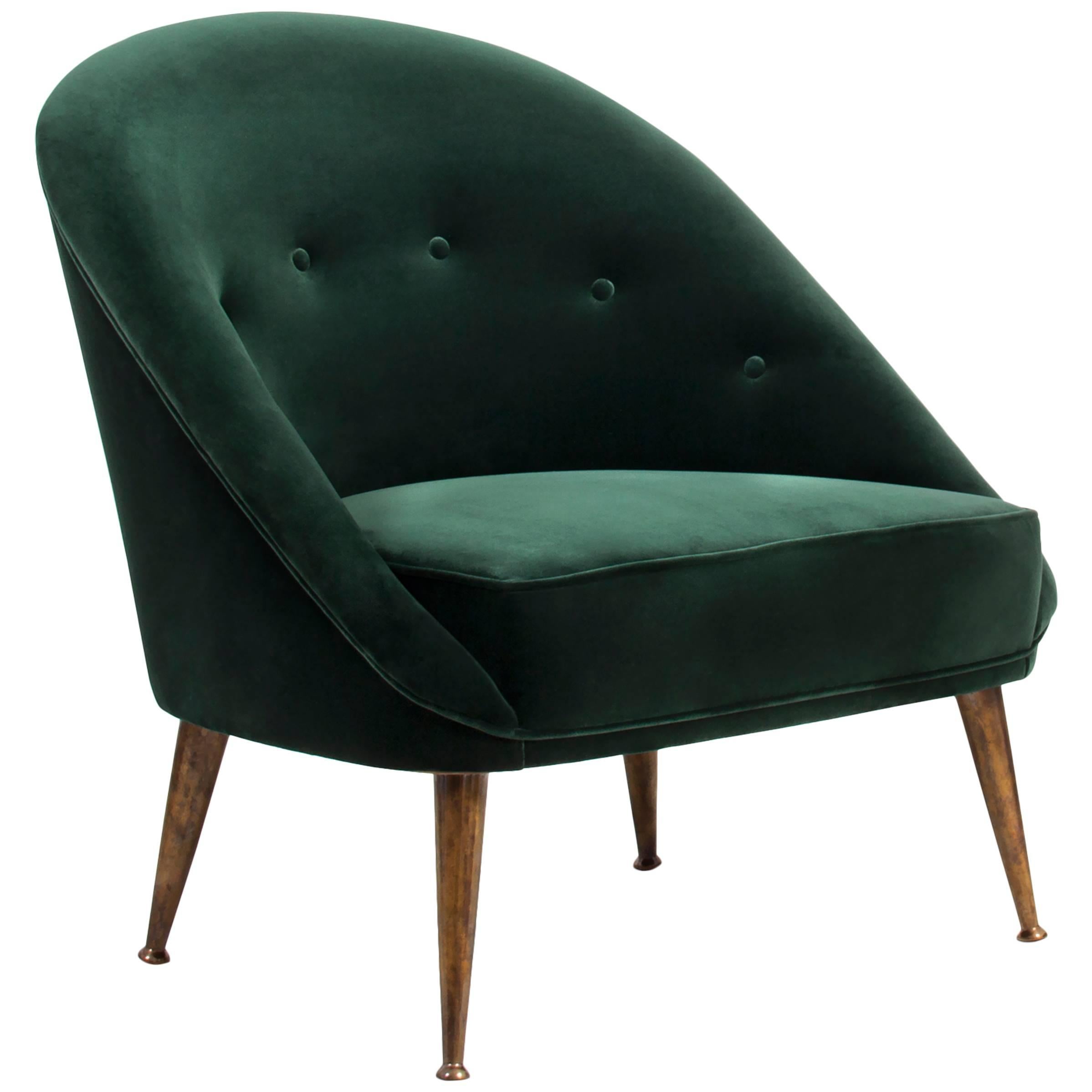 Smart Armchair in Green Cotton Velvet with Aged Brass Feet For Sale