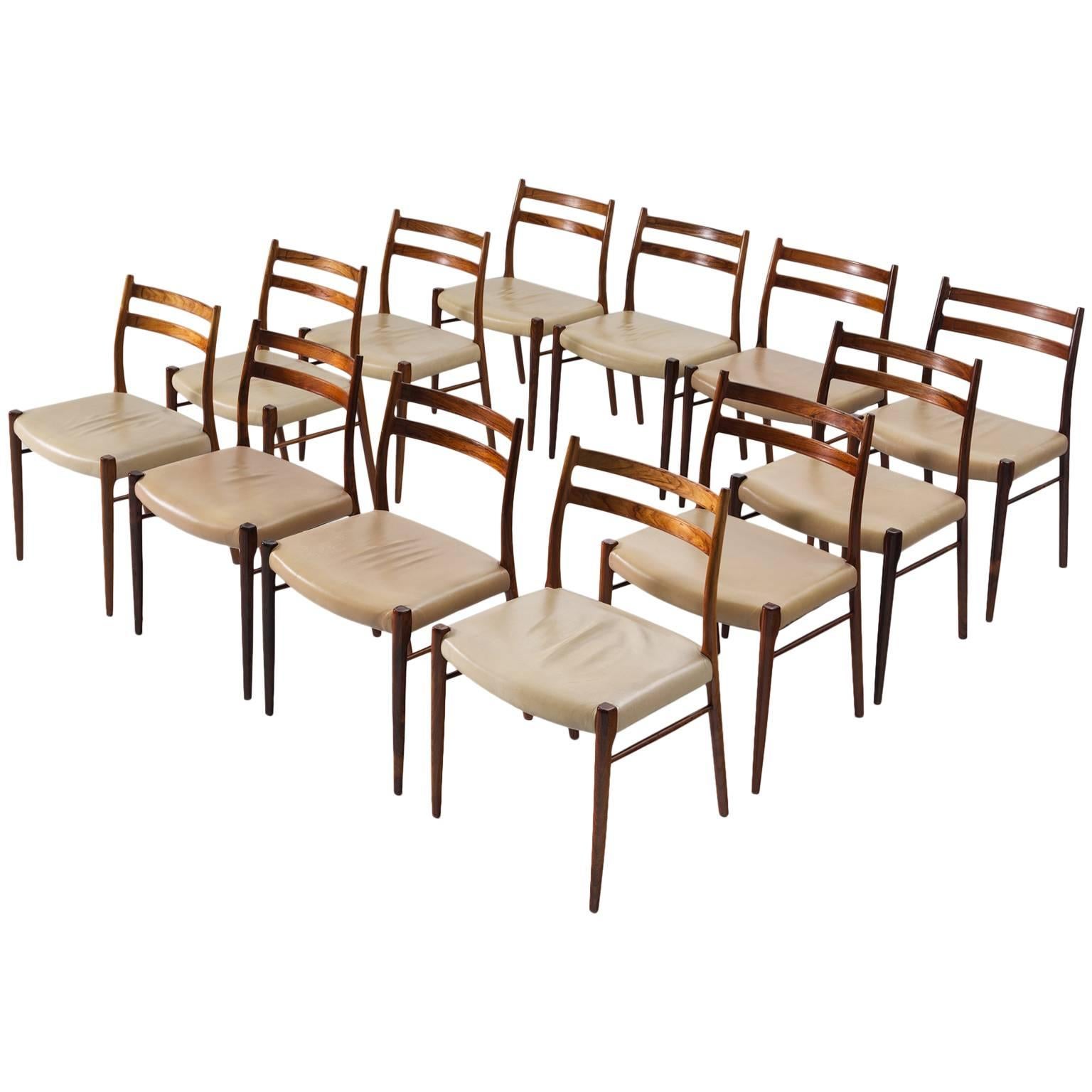 Arne Wahl Iversen Set of 12 Dining Chairs in Rosewood and Leather