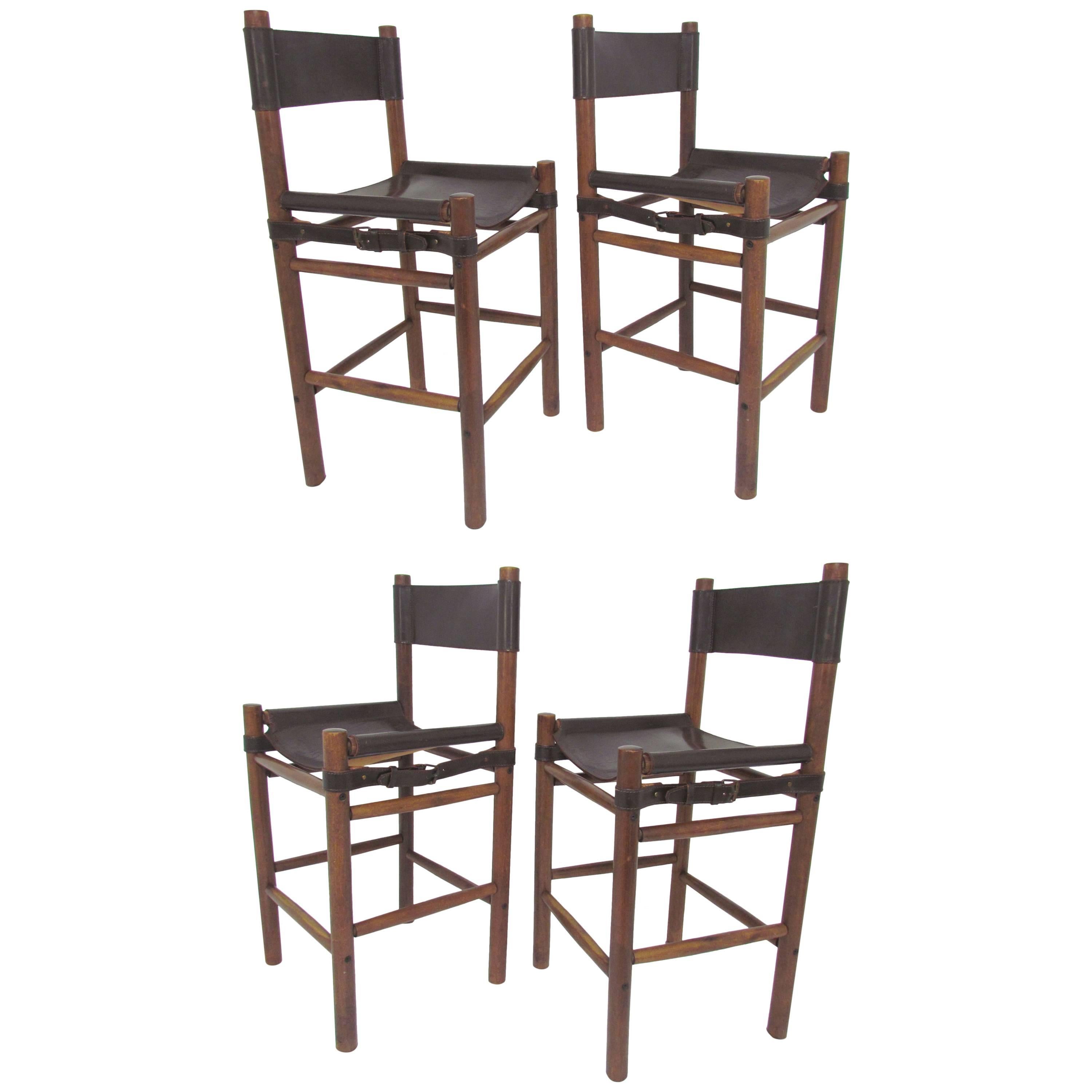 Set of Four Safari Style Leather Sling Bar Stools, circa 1970s