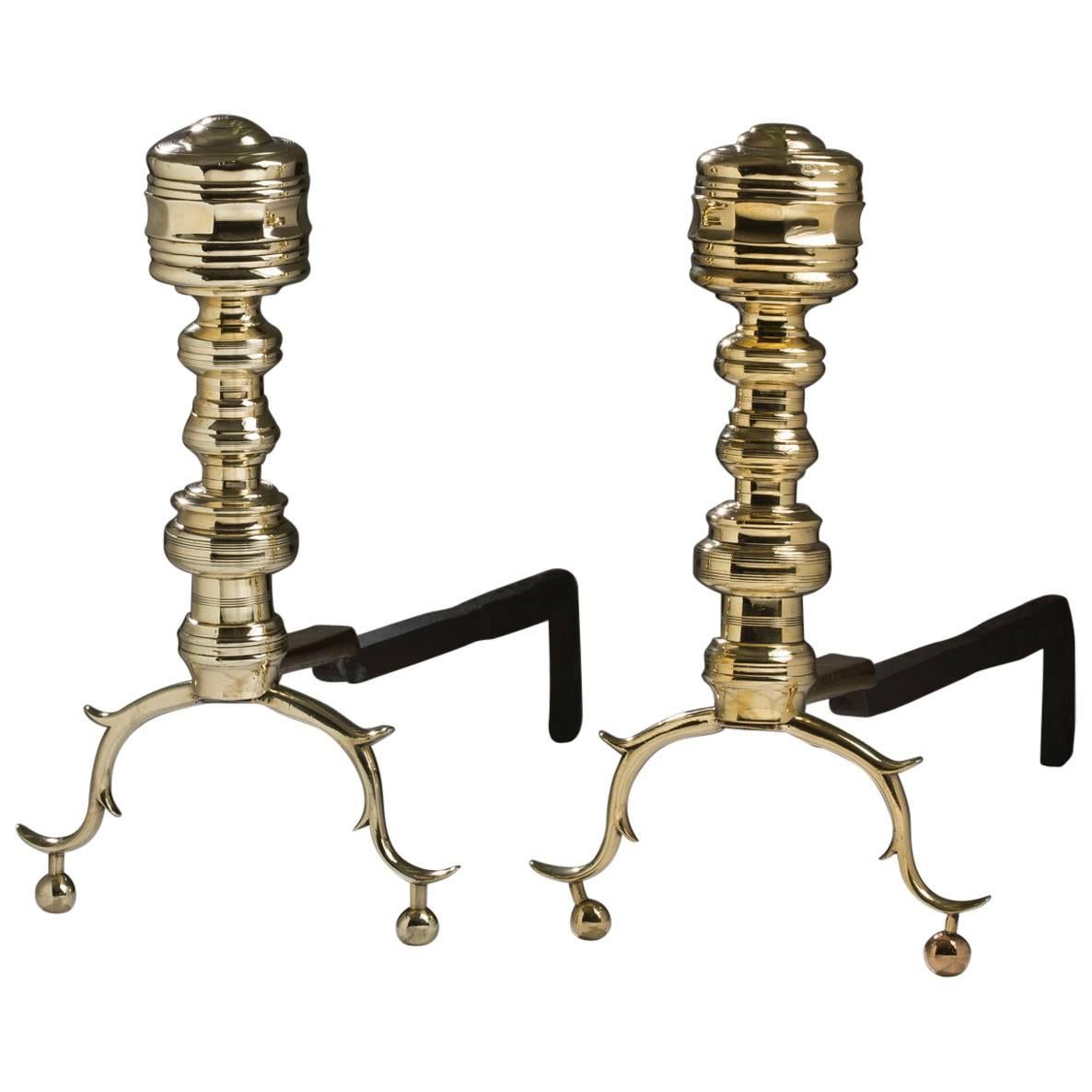 Pair of American Brass Firepalce Faceted Andirons, 19th Century For Sale