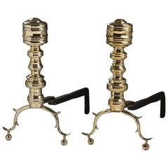 Pair of American Brass Firepalce Faceted Andirons, 19th Century