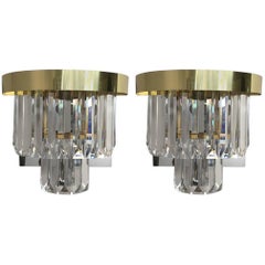 Pair of Glitzy Brass and Chrome Wall Sconces with Lucite Drops