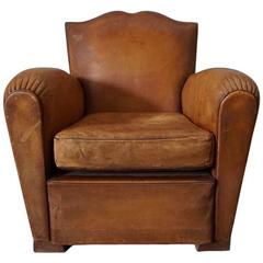 Art Deco French Cognac Leather Club Chair, 1940s