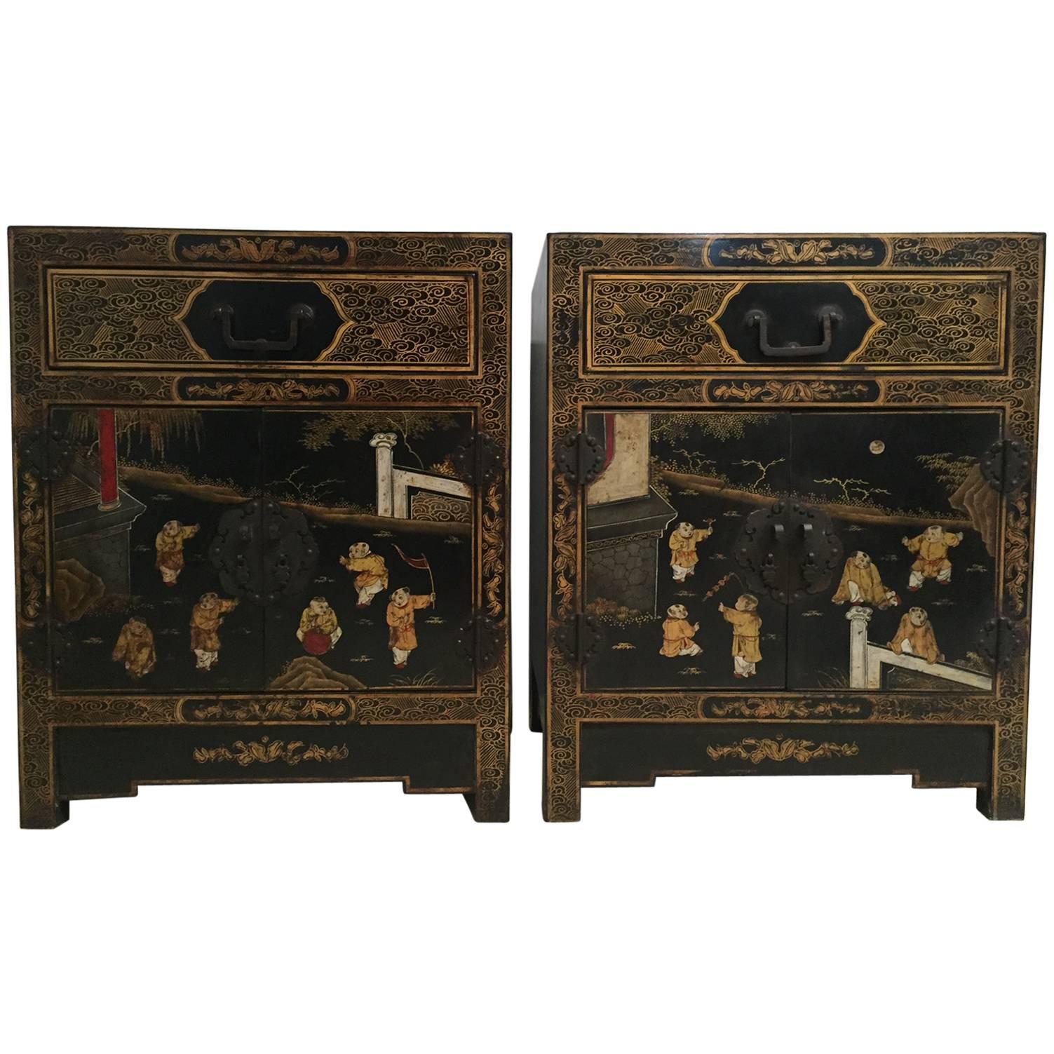 Splendid Pair of Chinese Hand-Painted Black Laquer Chests Nightstands