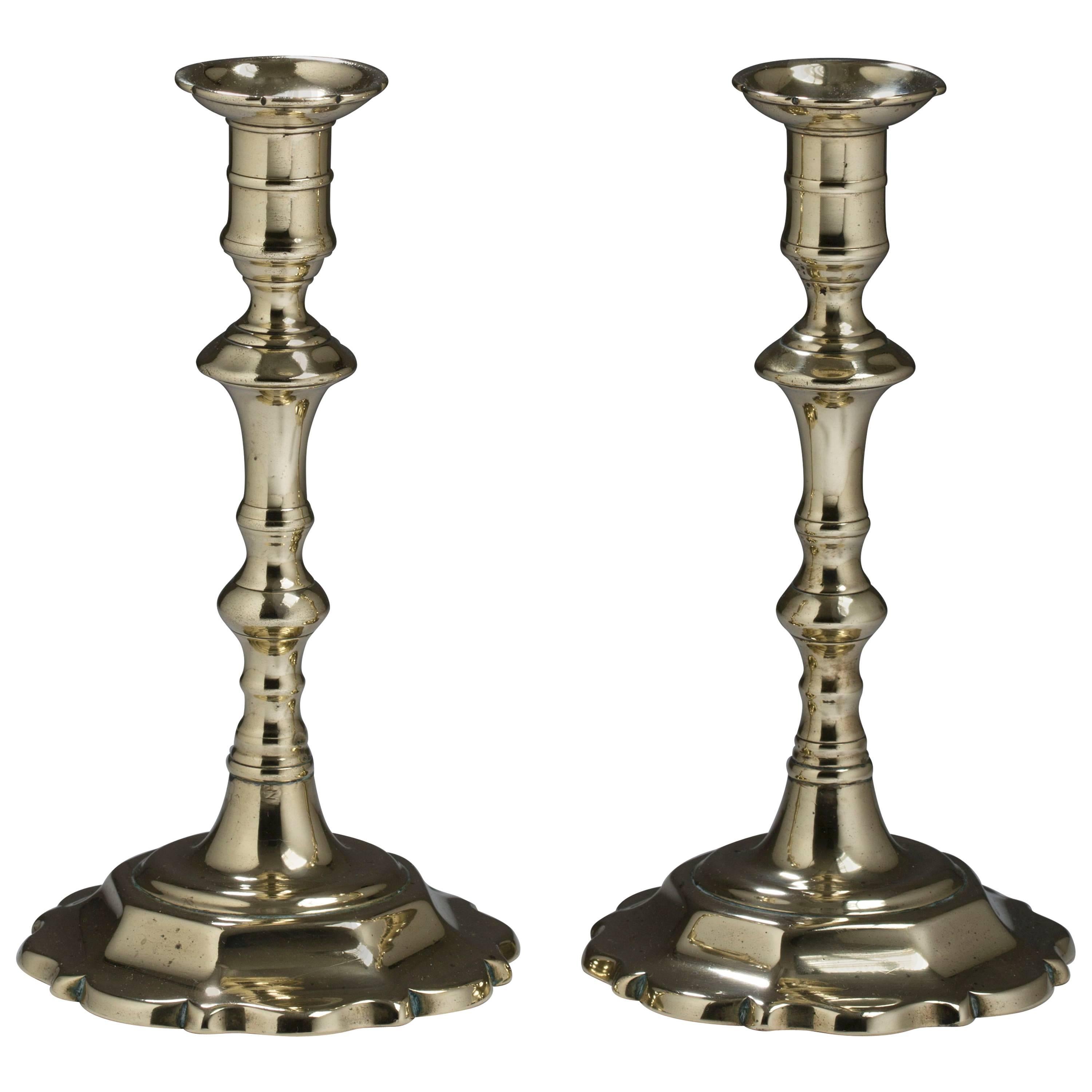 Pair of English Brass Daisy Base Candlesticks Lighting For Sale