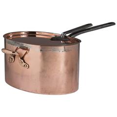 English Copper Large Oval Kitchen Cook Pot with Steel Handle, 19th Century