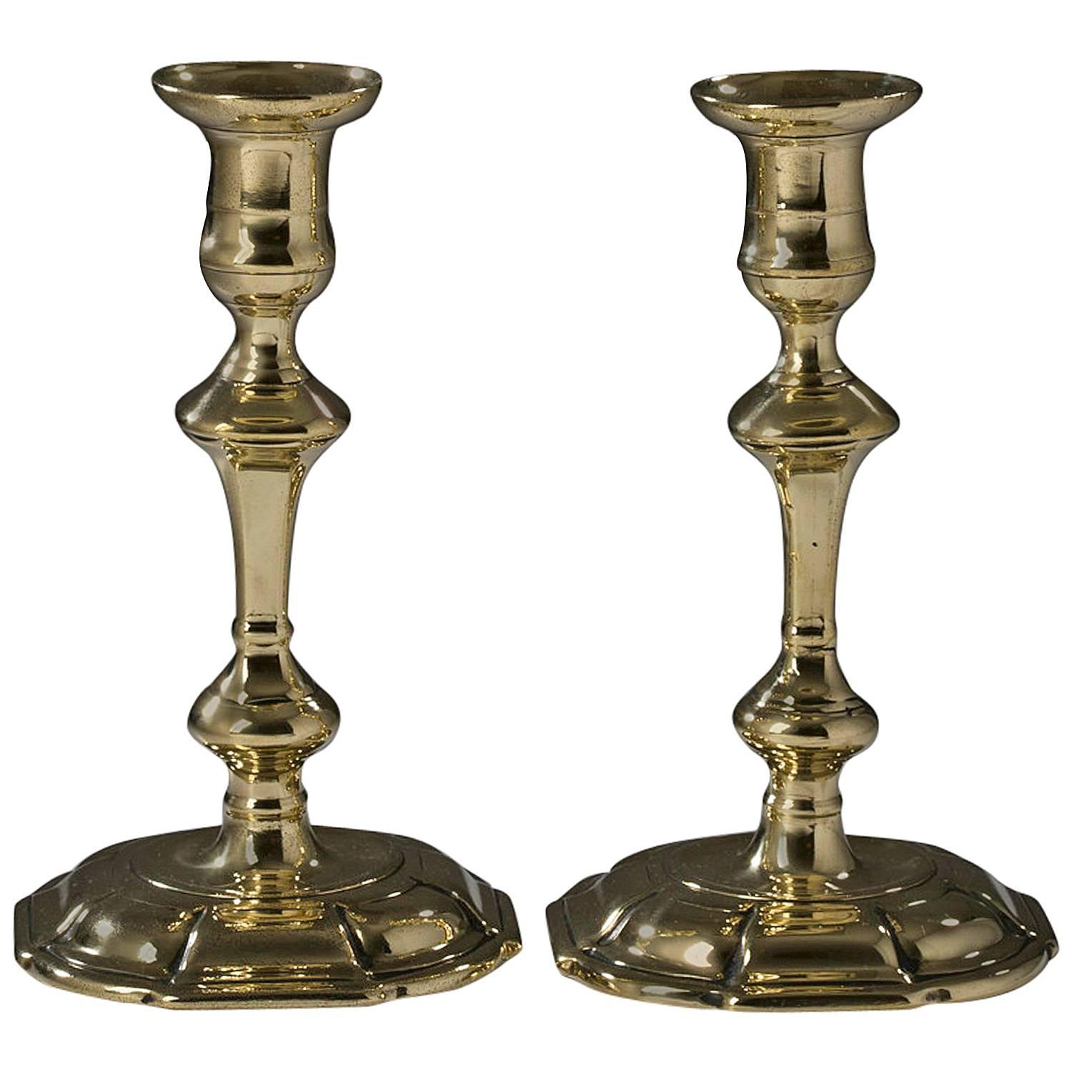 Pair of English Brass Queen Anne Candlesticks For Sale