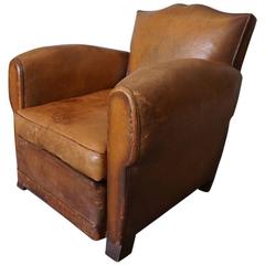 Art Deco French Cognac Leather Club Chair, 1940s