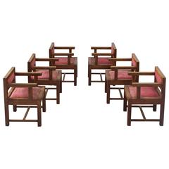 Set of Six Dining Chairs in Mahogany and Red Fabric Upholstery