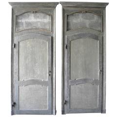 Antique Set of Two Large Italian Doors with Blue Patina and Glass Transom