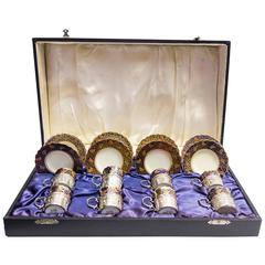 Vintage Aynsley China Demitasse Set with Silver Holders in Original Presentation Case