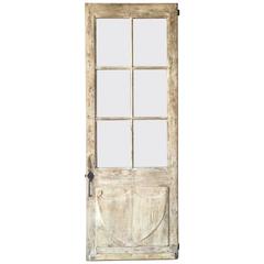 Antique French Walnut Door with Glass and Original Handle and Carved Bottom
