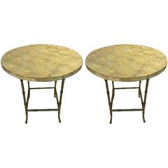 Gem Like Pair of Capiz Shell End Tables with Brass Bamboo Legs