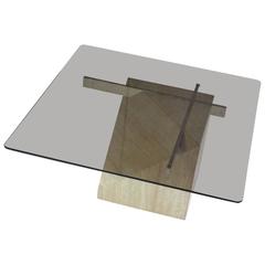 Artedi 1970s Travertine Marble Base and Smoked Glass-Top Coffee Table, Italy