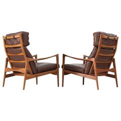 Ib Kofod-Larsen Pair of High Back Armchairs in Teak and Brown Leather 12