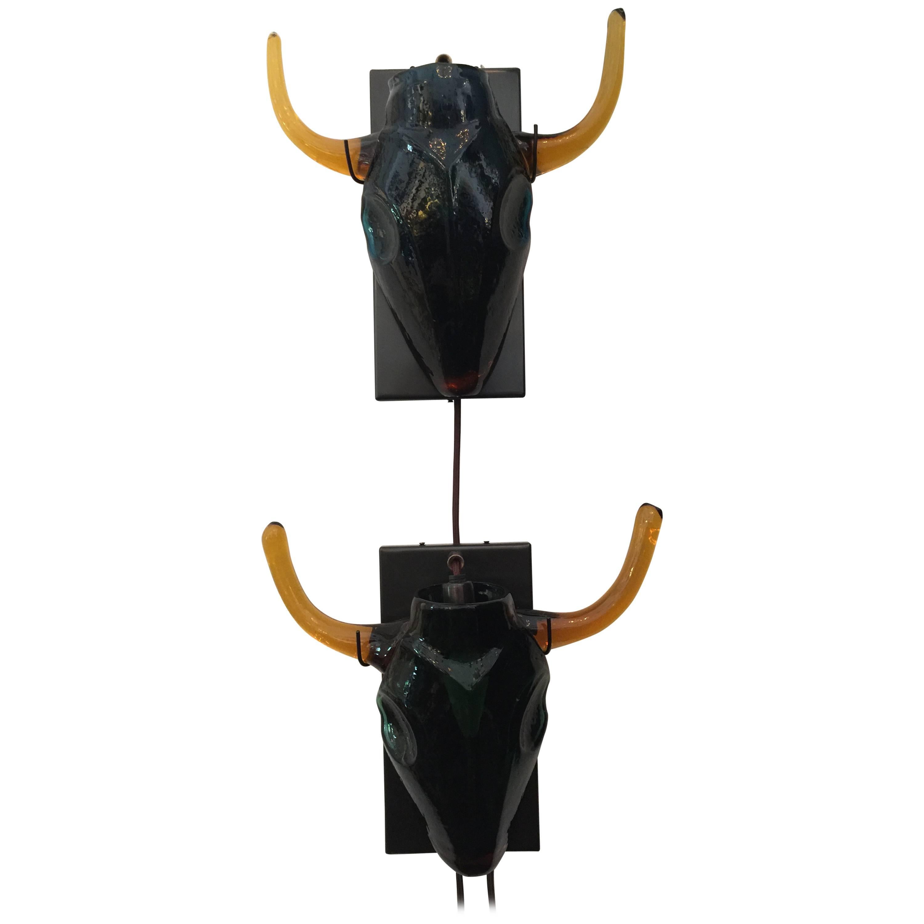 Picasso Inspired Glass Steer Skull Head Wall Sconce For Sale