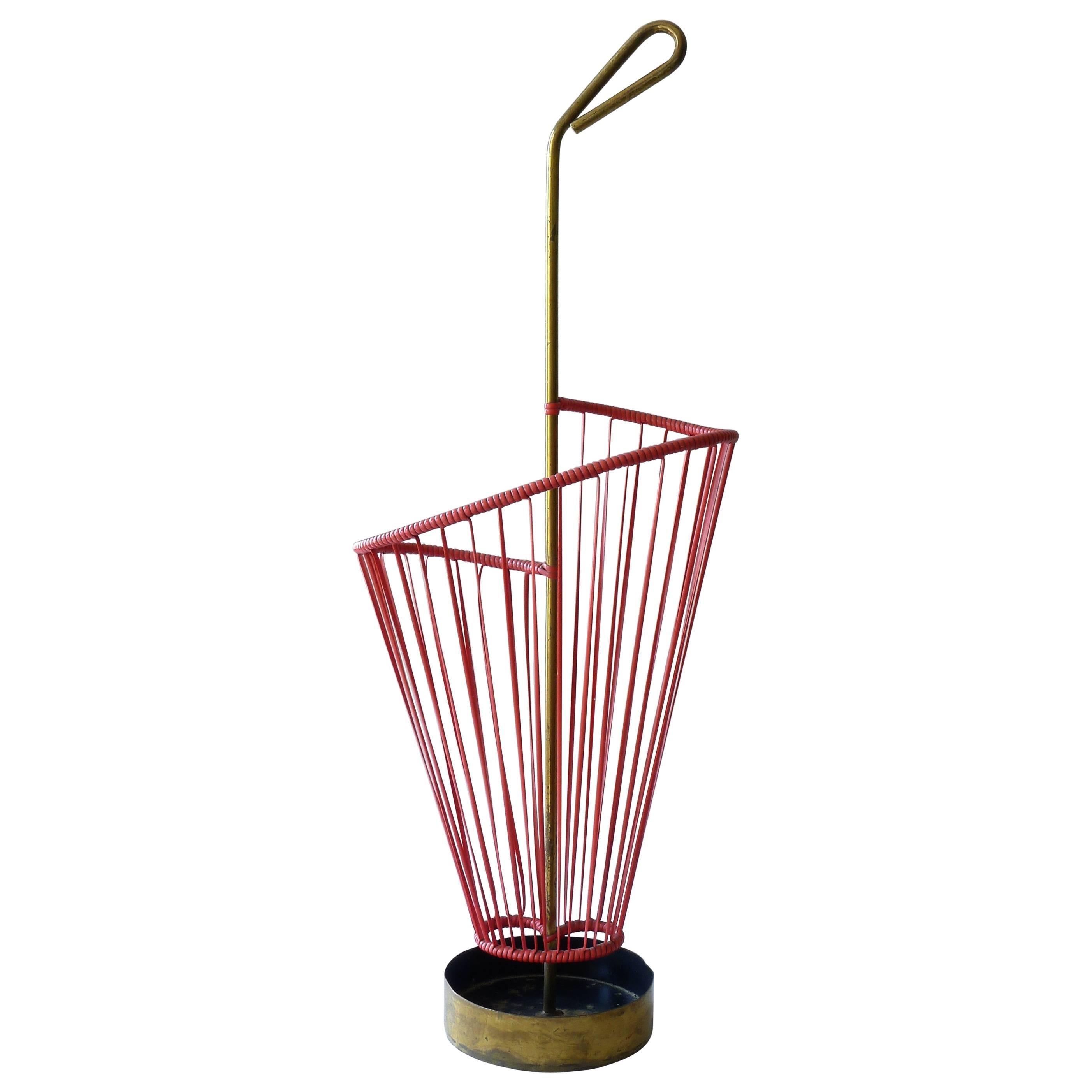 Mid-Century Modern Umbrella Stand in Red Rubber with Brass Metalwork For Sale