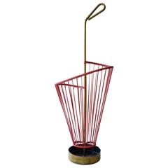 Mid-Century Modern Umbrella Stand in Red Rubber with Brass Metalwork