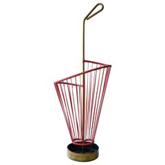 Vintage Mid-Century Modern Umbrella Stand in Red Rubber with Brass Metalwork