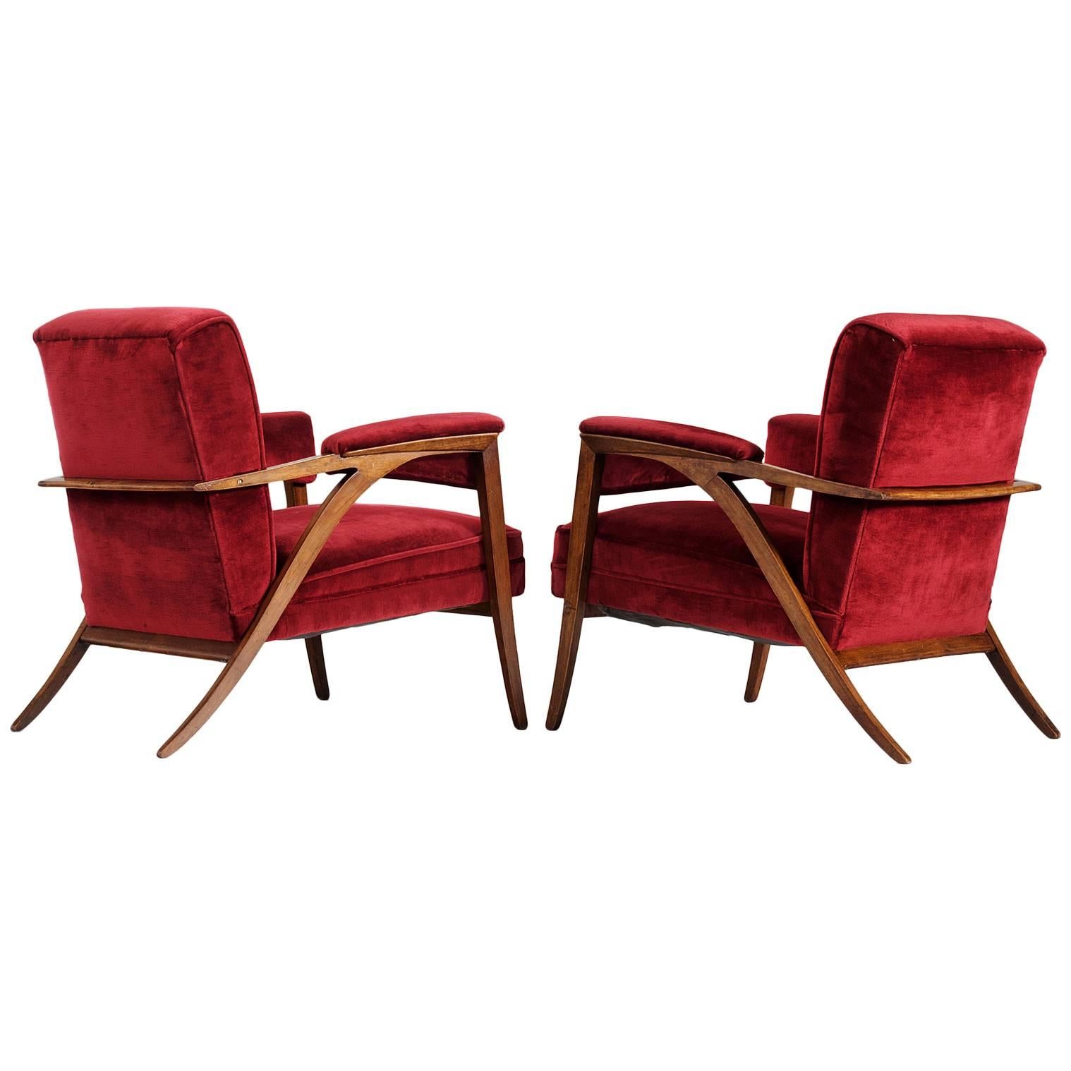 Pair of Italian Armchairs in Red Velvet Upholstery
