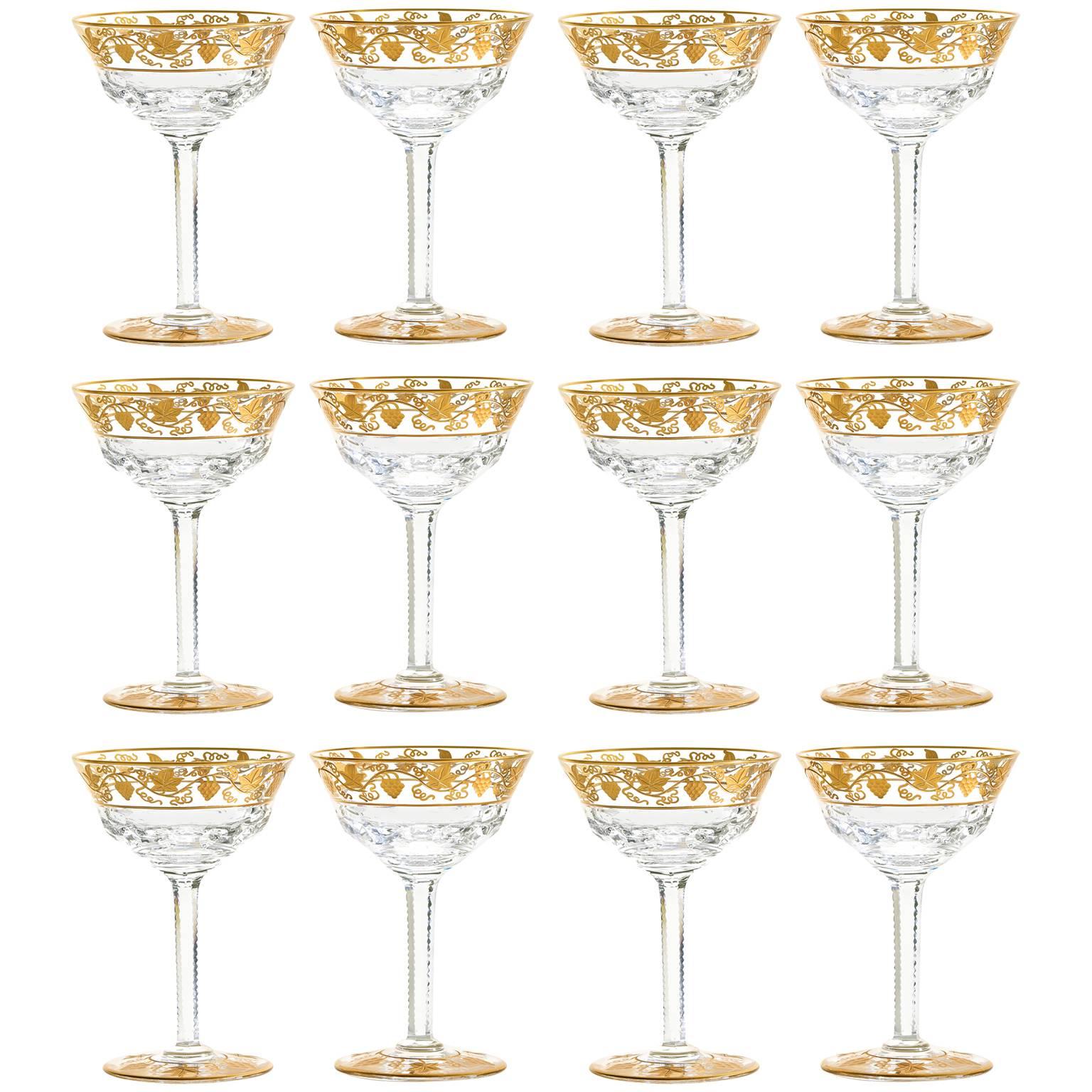 12 Val Saint Lambert "Pampre D'or Champagne Glasses