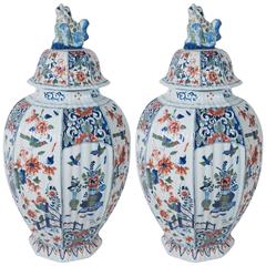 Pair of Dutch Delft Vases Painted in the Polychrome Kashmir Palette