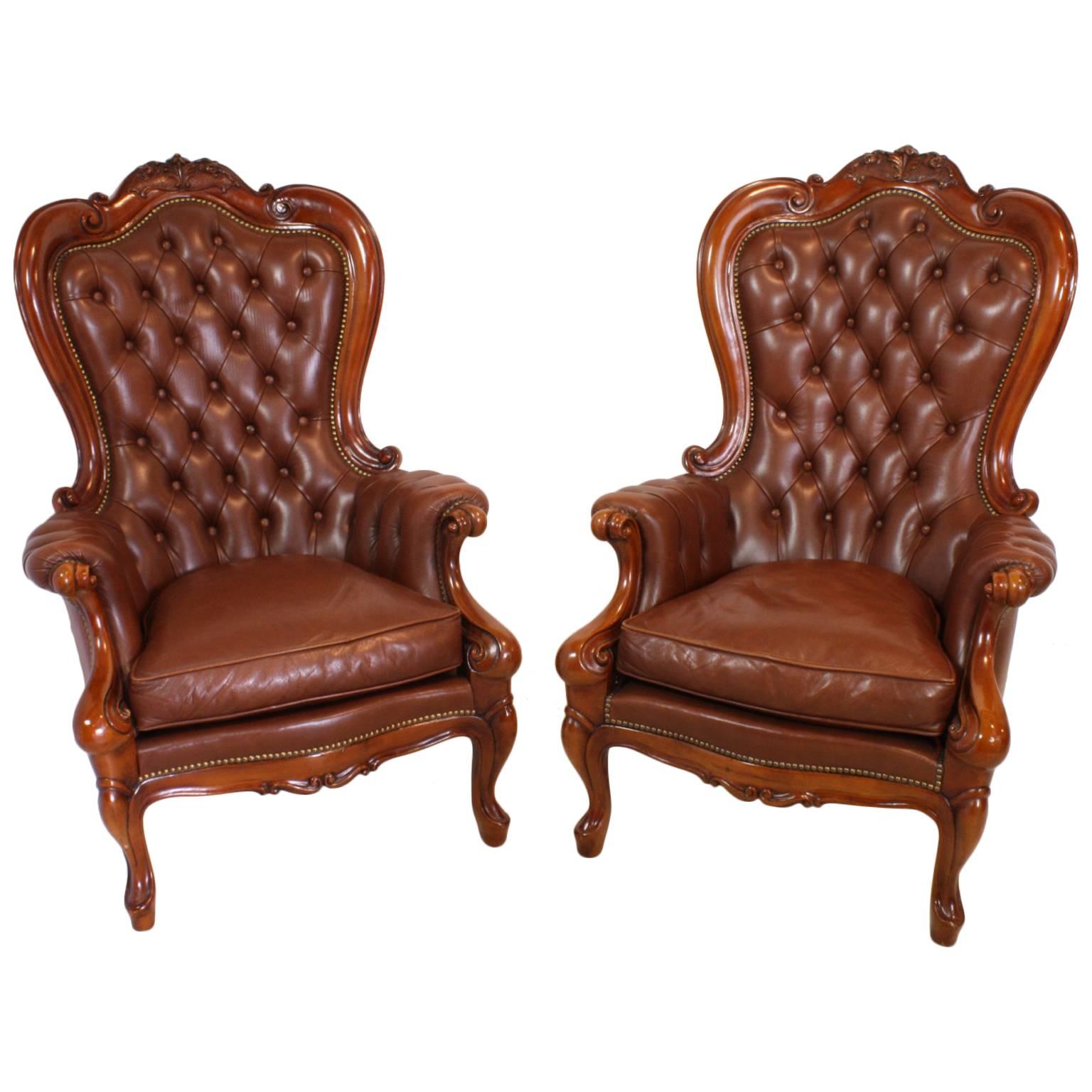 Set of Two Victorian Style Mahogany Leather Chairs, circa 1920