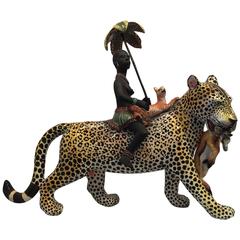 Ardmore Ceramic Rider with Parasol on a Leopard Carrying a Baby Impala 