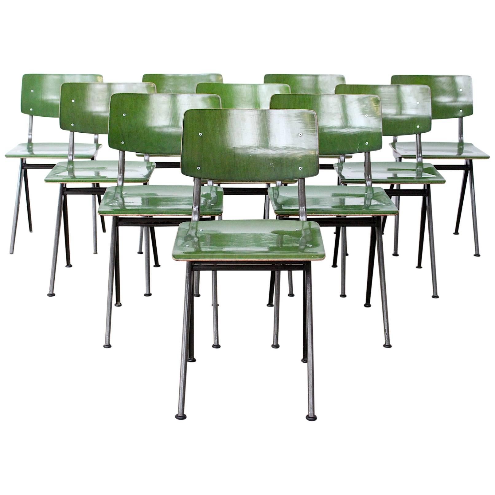 Set of Ten Rare Factory Green Industrial Prouvé Style Compass Chairs by Marko