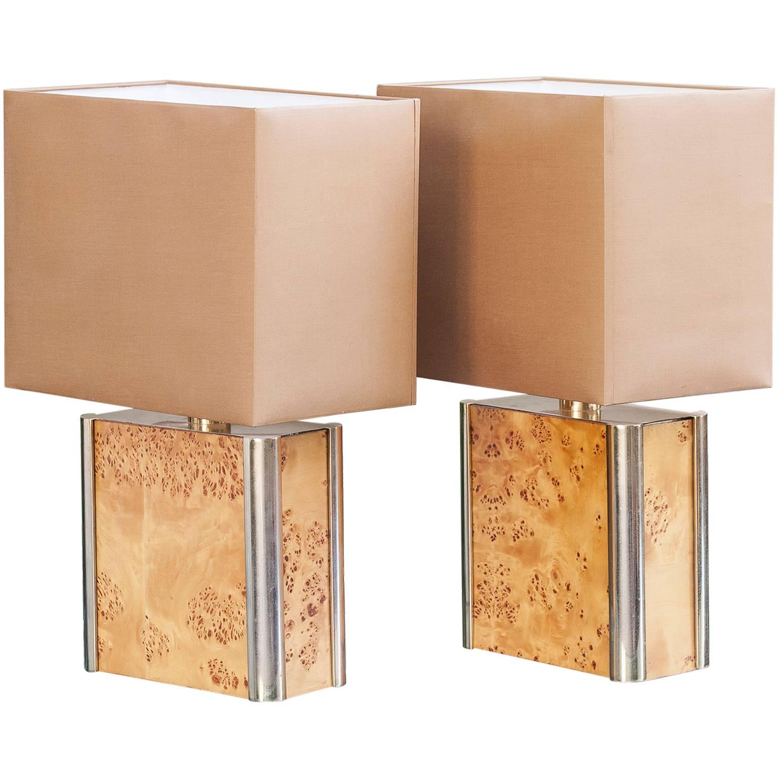 Milo Baughman Burl Wood Table Lamp Set of Two