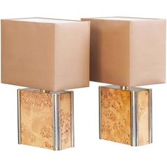 Milo Baughman Burl Wood Table Lamp Set of Two