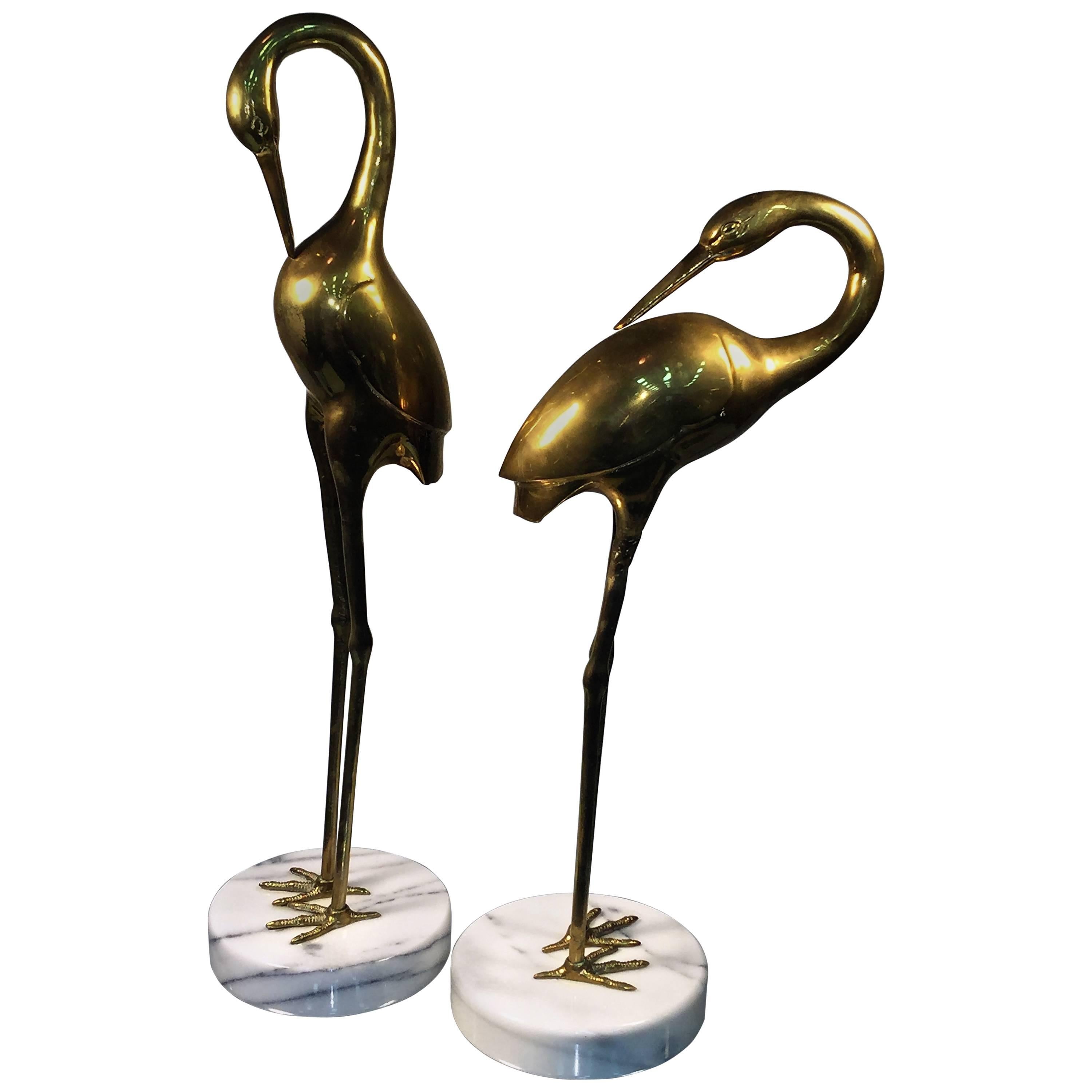 Exceptional Pair of Italian Brass Birds on Round Marble Bases For Sale