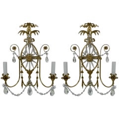 Pair of E. F. Caldwell Cut Crystal and Brass Two-Light Sconces
