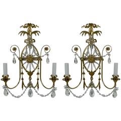 Pair of E. F. Caldwell Cut Crystal and Brass Two-Light Sconces 1
