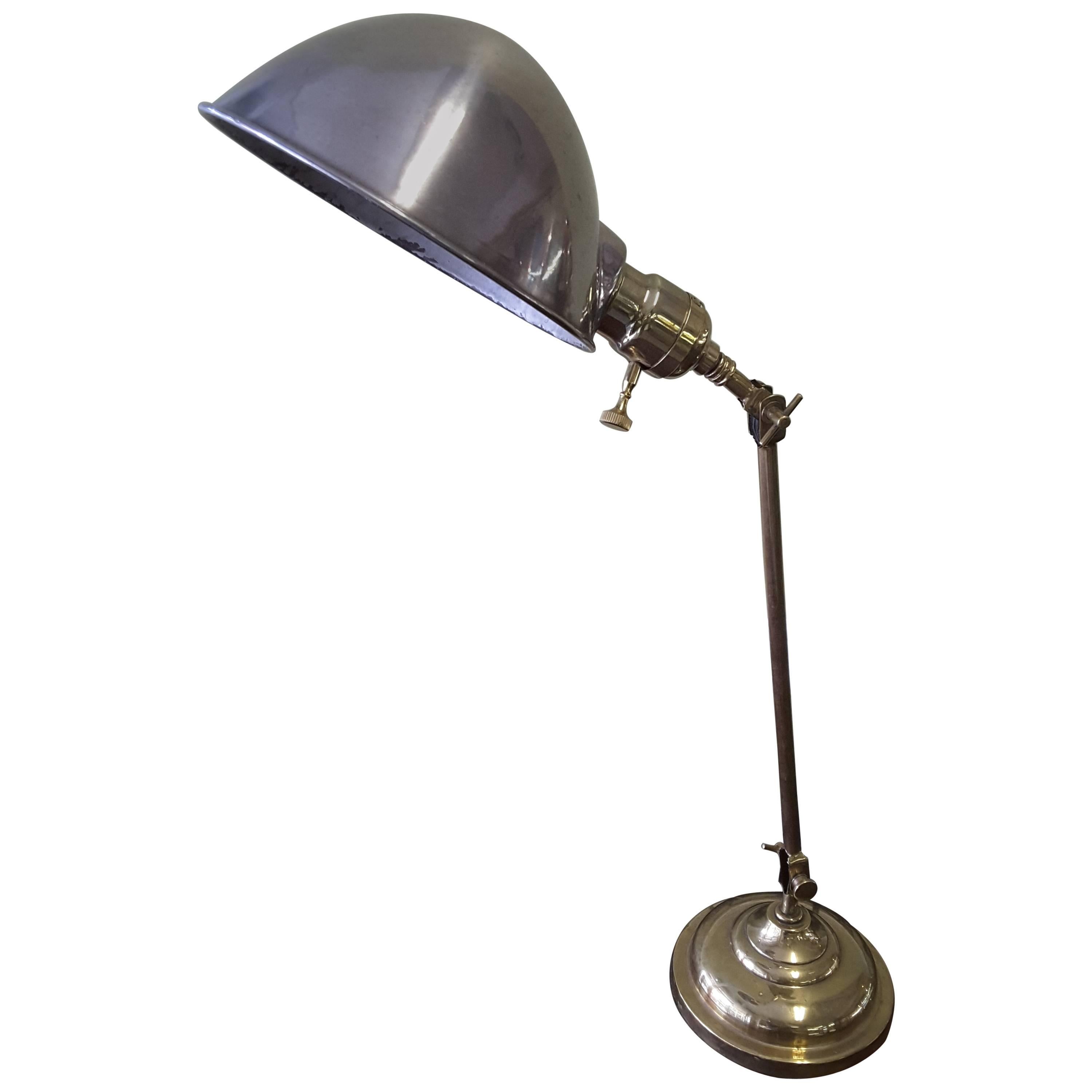 Faries Industrial Brass Adjustable Desk Lamp with Steel Shade, circa 1920