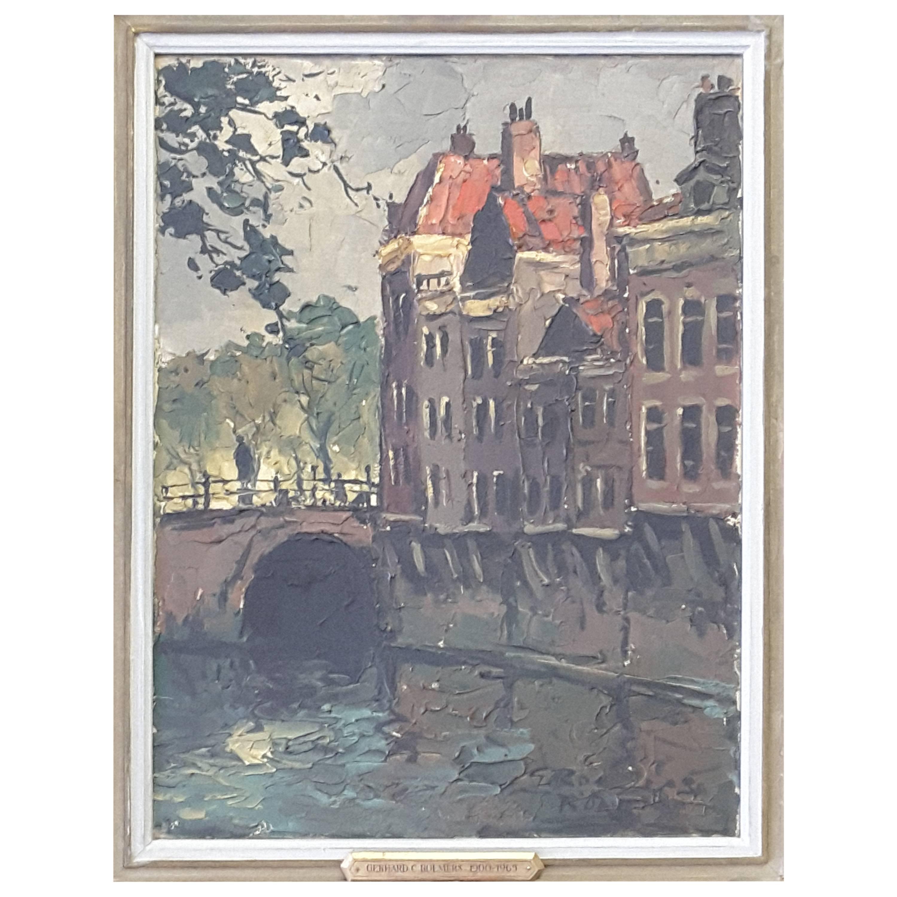 Gerhard Cohn Roemers Painting, Oil on Canvas, Canal Scene Near Grote Market